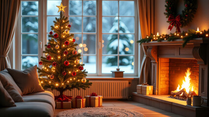 Wall Mural - Decorated cozy room with fireplace and Christmas tree with gifts, snowy landscape outside the window. Creating a cozy and warm atmosphere for your family during the winter holidays.