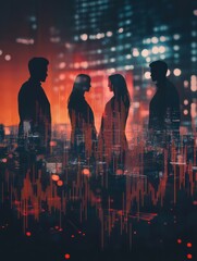 Poster - Backlit group of businesspeople standing on light background with glowing map, forex business and forex charts arrows hologram. Teamwork, finance, trade and network concept. Double exposure