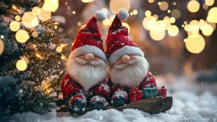 Wall Mural - Two Santa Clauses on small wooden sleighs with gifts. Christmas greeting card with Santa Claus. Festive decoration. New Year. Selective focus. Cute funny gnomes, decorated for Christmas. Loop.