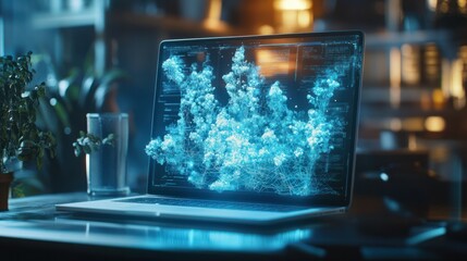 Poster - close up of laptop with creative process stages mesh on blurry background. process, system and softw