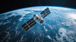 © scaliger - Orbiting satellite with solar panels flying in space on background of Earth planet and stars. Concept of weather, globe, climate change, science