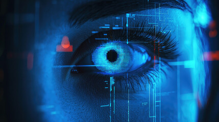 Poster - Human eye with digital biometric data, facial recognition technology, detail of woman face during identification. Concept of person, verification