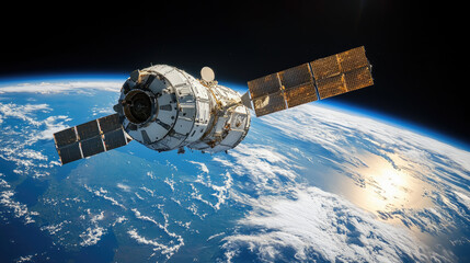 Orbiting satellite flying in space on background of blue Earth planet. Concept of weather, globe, meteorology, science and warming
