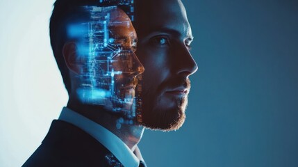 Poster - Double exposure of businessman shows modern technology as concept.