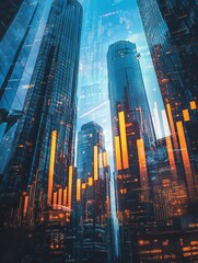 Poster - Forex trade market and development concept with growing digital candlestick and indicators on sunny skyscrapers background. Double exposure