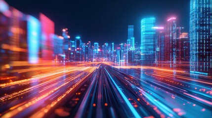 Poster - Futuristic cityscape with glowing neon lights and dynamic motion blur, themes of future cities, technology, and urban development, wide banner.