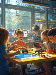 Aufkleber - Happy diverse school children students group building robotic vehicle robot cars using tablet computer education software apps. Kids learning programming sit at table at STEM coding engineering class