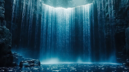 Poster - digital waterfalls with cascading blue matrix binary code in conceptual landscape