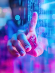 Poster - Man hand pointing at creative online banking hologram on blue blurry background. AI and automation concept. Double exposure