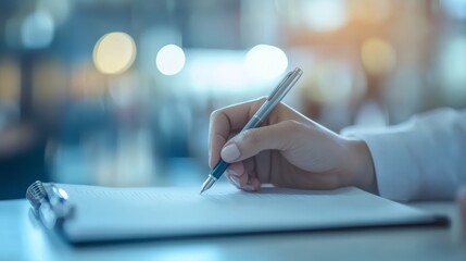Poster - Focused businesswoman writing notes on document, hand in close up detail, blurred office background adds professionalism, highlighting organization and communication importance in workplace