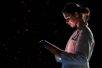 Fototapete - A doctor in a white coat is focusing on a digital tablet, engaged in reading while surrounded by a dark background in a clinical environment. Generative AI