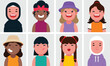 © Flat - Set of flat portraits of happy women. Collection of colored cartoon characters women in different outfits, profiles picture, vector illustration.
