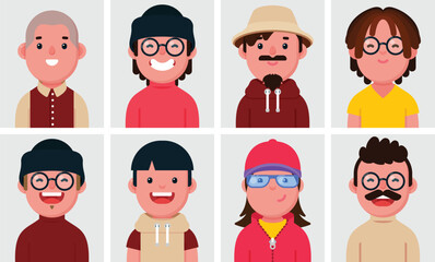 Set of flat portraits of Happy men. Collection of colored cartoon character men in different poses and outfits, profiles pictures, vector illustration.