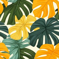 Wall Mural - Seamless Pattern of Tropical Monstera Leaves, Vibrant Green and Yellow Foliage on White Background