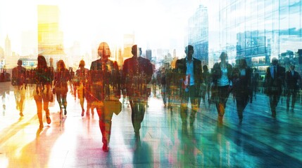 Poster - Virtual social network concept with group of business people on abstract digital bright technology background, double exposure