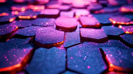 Fototapete - A stunning, futuristic close-up of hexagon patterns illuminated in neon pink. This digital design showcases glowing edges and a textured surface
