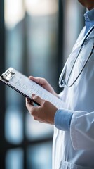 Aufkleber - Medical professional wearing lab coat and stethoscope is reviewing patient information on a clipboard, potentially making a diagnosis or treatment plan