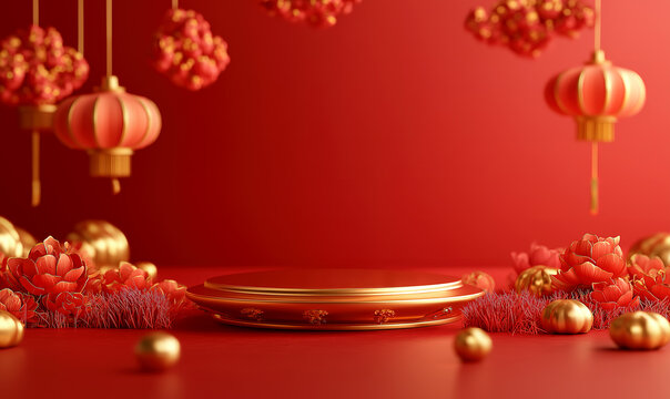 An empty golden podium on a red background Surrounded by traditional Chinese lanterns, Chinese New Year concept