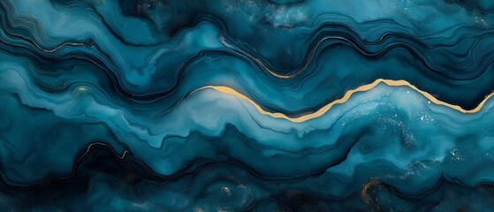 Wall Mural - Long, blue wave with gold accents. The blue and gold colors create a sense of depth and movement, while the wave's shape suggests a sense of fluidity and motion