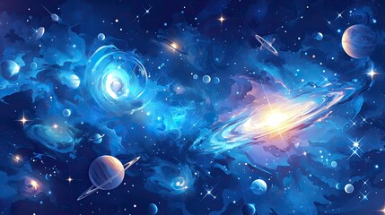 Fototapete - A vibrant abstract depiction of a swirling galaxy with blue tones and sparkling stars, showcasing the beauty of outer space in a creative style