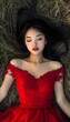 © bvbflo1 - An Asian woman in a red dress laying on the ground