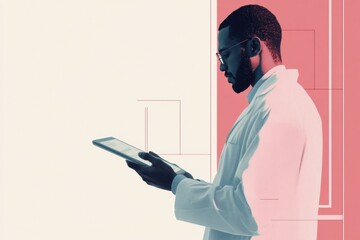 Fototapete - A healthcare professional is focused on a tablet, dressed in a white coat, in a contemporary medical environment. Generative AI