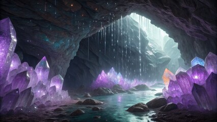 Poster - Explore the Underground Crystal Cave Featuring Massive Amethyst Formations. Generative AI