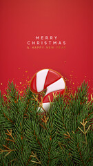 Wall Mural - Christmas background with realistic 3d design red gingerbread cookies, green pine branches, gold glitter confetti. New Year poster, sale banner, greeting card, Xmas flyer brochure. Vector illustration