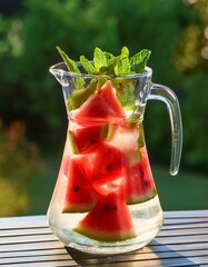 Wall Mural - Refreshing watermelon mint infused water in a glass pitcher, perfect for a summer day.