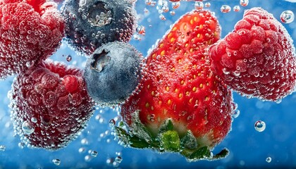 Wall Mural - Juicy berries submerged in sparkling water, a refreshing summer scene.