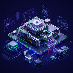 Poster - The circuit board of a futuristic server is processing code on a multicolor technology background. The textures are rendered in 3D.
