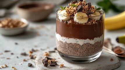 Wall Mural - Delicious chia seed pudding layered with banana and chocolate mousse topped with granola and photographed in natural light