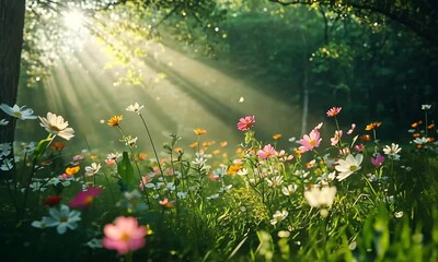 Wall Mural - sunlit meadow of vibrant wildflowers bathed in golden sunlight