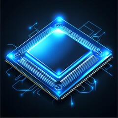 Poster - processor, digital chip, printed circuit board. dark blue technology background, template, design el