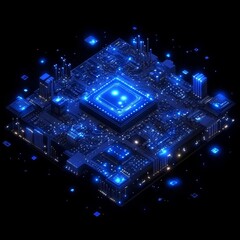 Poster - abstract processor, computer digital chip, printed circuit board. dark blue technology background, t