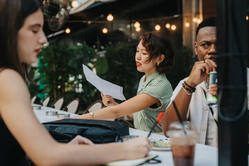 Wall Mural - Young professionals engaging in a casual meeting at an outdoor cafe, discussing documents and enjoying their drinks.