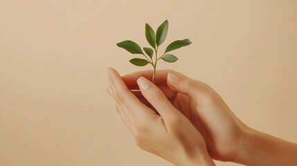 Poster - Hands carefully support a tiny seedling with vibrant leaves, showcasing a nurturing moment in a calming indoor environment. Generative AI