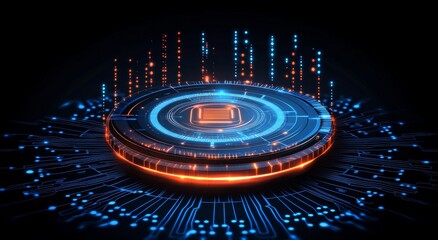 Poster - Detailed circuit board on dark blue background in modern abstract style. High tech circuit board connection system illustration.