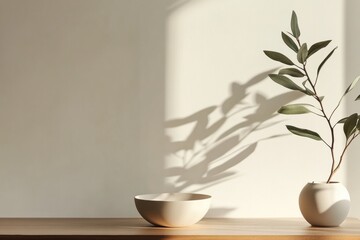 Poster - Sunlight filters through a window, casting shadows on a wooden table with a ceramic bowl and a leafy plant in a vase. Generative AI