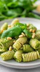 Wall Mural - Delicious pasta with green pesto sauce, topped with pine nuts and fresh basil, served on a clean plate in a cozy kitchen setting