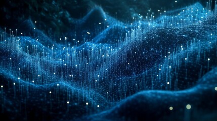 Poster - A connected network of dots and lines with moving lines. AI technology and data flow concept in motion. Communication and technology network concept in 3D.