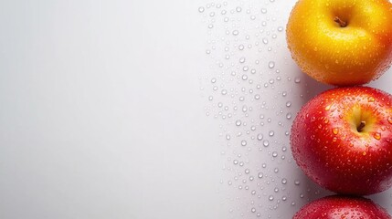 Poster - A trio of brightly colored apples, red, yellow, and green, are arranged on a smooth surface, showcasing droplets of water for freshness. Generative AI