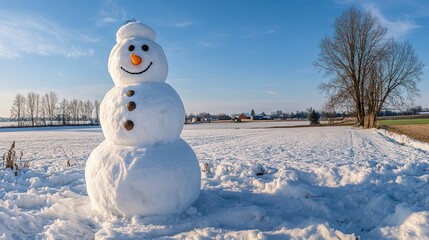 Winter Wonderland with Cheerful Snowman in Bright Snowy Landscape Surrounded by Tranquil Trees and Vibrant Blue Sky on a Clear Day