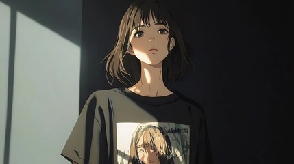 Wall Mural - Anime girl, thoughtful expression, sunlight, portrait