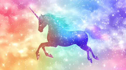 Wall Mural - Unicorn colorful cloud background, rainbow pattern, glitter texture, pastel fantasy design, universe holographic style. Fantasy Pastel. Illustration