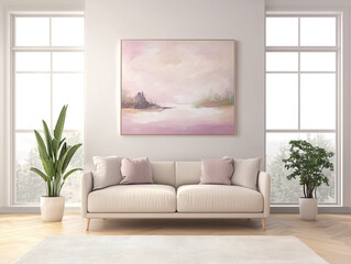 Beautiful Modern pink and white color livingroom decorated interior with sun light, soft cotton luxury sofa with pillows, abstract concept art on the wall in the background, mock up for home decor