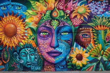 Poster - Vibrant street mural featuring colorful faces, flowers, and abstract designs in an urban setting during daylight hours