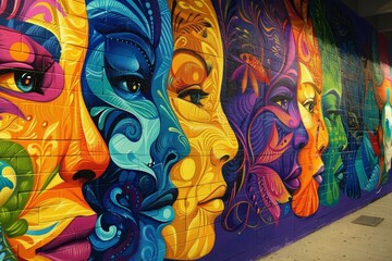 Poster - Vibrant street mural featuring colorful faces, flowers, and abstract designs in an urban setting during daylight hours
