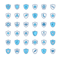 Poster - Shield icons. Outline symbols. Vector blue line icons set