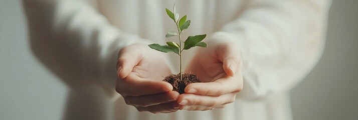 Poster - Two hands cradle a small green seedling with soil, symbolizing care for nature and growth in a nurturing indoor setting. Generative AI